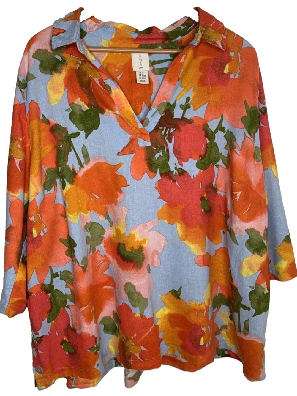 Joie 2X Linen Blend 3/4 Sleeve Top Tropical Coastal Grandma Hawaii Popover Luau